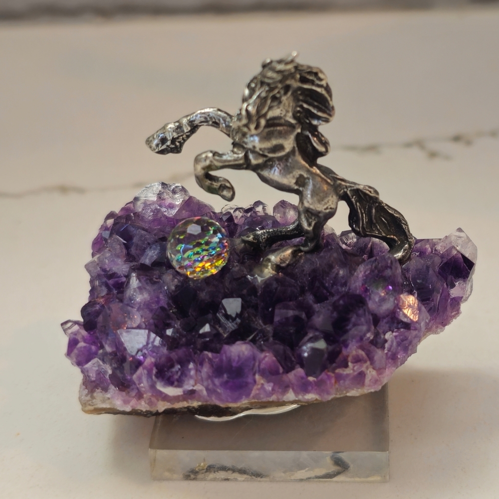 Vintage Pewter Unicorn with Crystal Ballon Amethyst Display